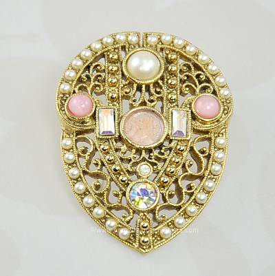 Superb Unsigned Open Metal Work Shield Brooch with Pastel Stones and Faux Pearls