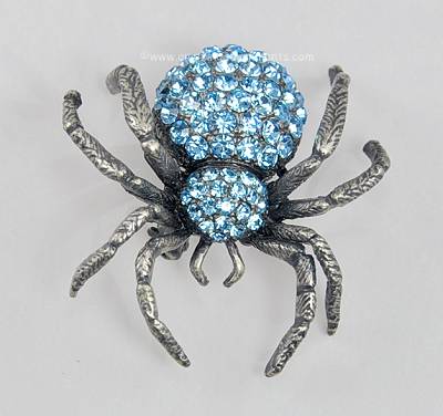 Large Creepy Spider Insect Figural Brooch with Blue Rhinestones