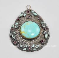 Early Twentieth Century Open Metal Work Pendant with Rhinestones and Faux Turquoise