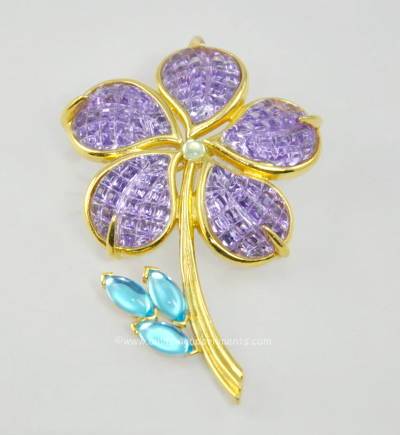 Gorgeous Signed TRIFARI TM Purple and Aqua Glass Flower Brooch