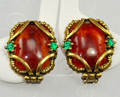 Vintage Amber Plastic Stone and Green Rhinestone Earrings