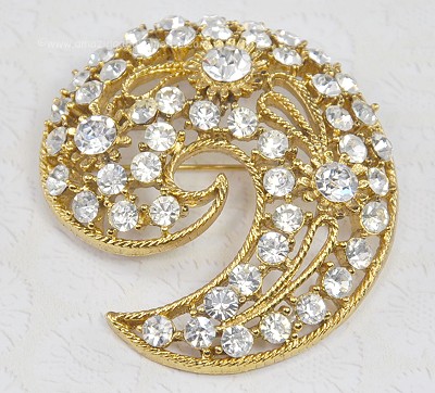 Colossal Vintage Crescent or Paisley Brooch with Clear Rhinestones
