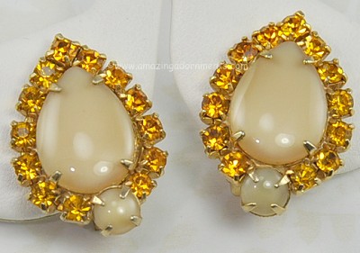 Incredible Vintage Creamy Glass and Topaz Rhinestone Earrings