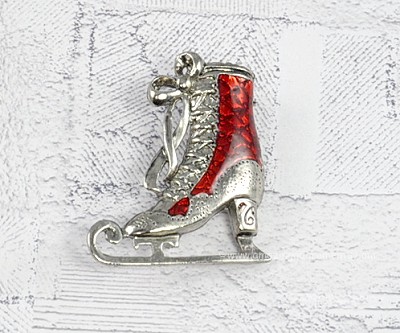 Remarkable Red Enamel Victorian Style Ice Skate Heeled Boot Brooch