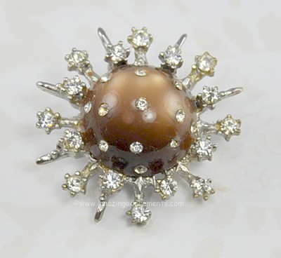 Endearing Brown Moonglow Thermoplastic and Rhinestone Snowflake/Atomic Brooch