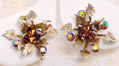 Flashy Vintage Topaz and Aurora Borealis Rhinestone Earrings