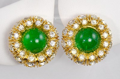 Graceful Vintage Rhinestone and Green Glass Earrings Signed NETTIE ROSENSTEIN