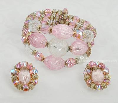 Chunky Vintage Signed HOBE Pink and Clear Beaded Wrap Bracelet and Earring Set