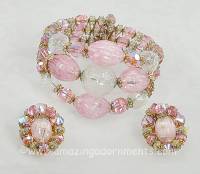 Chunky Vintage Signed HOBE Pink and Clear Beaded Wrap Bracelet and Earring Set