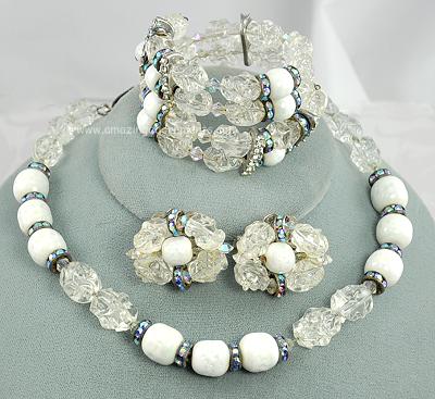 Incredible Vintage Ice Crystal, Glass and Rhinestone Three Piece Parure Signed HOBE