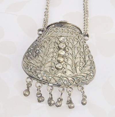 Grand Old Filigree Purse Vessel Necklace with Dangles