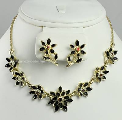 Incredible Vintage Black Enamel and Rhinestone Flower Necklace and Earring Set