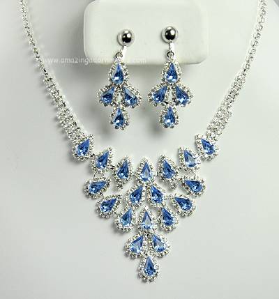 Dramatic Blue and Clear Rhinestone Necklace and Earring Set