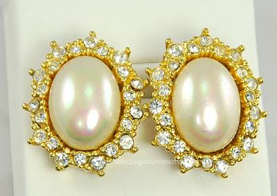 Stunning Faux Pearl Earrings with Clear Rhinestone Surround Signed CHRISTIAN DIOR