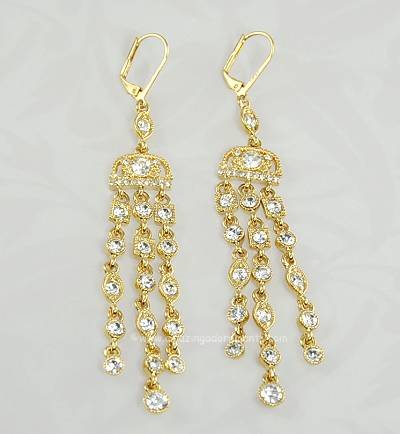 Scandalous Unsigned Three Strand Dangle Drop Earrings with Clear Rhinestones