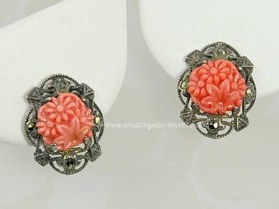 Dainty Vintage Carved Coral Colored Glass and Marcasite Sterling Silver Earrings
