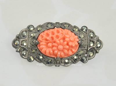 Vintage Molded Stone or Glass Sterling and Marcasite Bar Pin