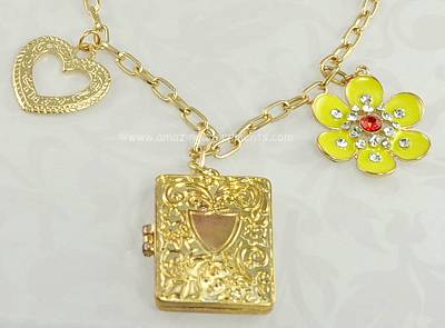 Playful Locket Heart and Rhinestone Enamel Flower Charm Necklace