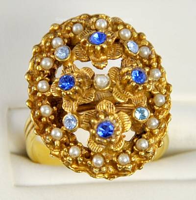 Hard to Find Vintage Signed FLORENZA Rhinestone and Faux Pearl Finger Ring