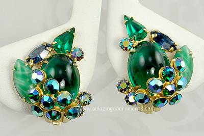 Loaded Vintage Cabochon and Rhinestone Earrings in Greens and Blue