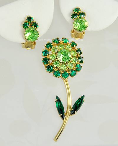 Vintage Rhinestone Long Stemmed Flower Brooch and Earring Set in Shades of Green