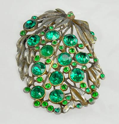 Fantastic Vintage Unsigned 1930s Green Rhinestone Brooch ~ BOOK PIECE