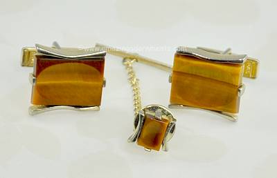 Snazzy Vintage Signed SENATOR (Sherman) Tiger Eye Cufflink and Tie Tack Set