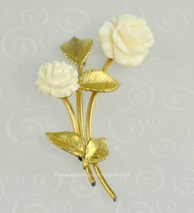 Dainty Vintage Double Blooming Ivory Rose Flower Pin Signed KREMENTZ