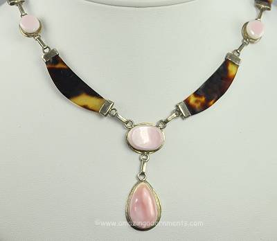 Striking Vintage Art Deco Necklace with Faux Tortoise Shell and Pink Stones