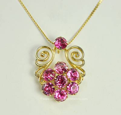 Gleaming Vintage Pink Rhinestone Floral Necklace and Pin Combo