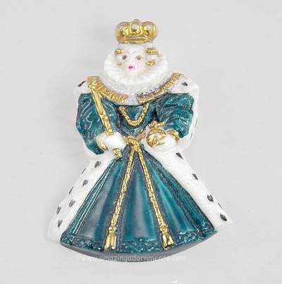 Majestic Porcelain Queen with Scepter and Crown Pin Signed MADE IN ENGLAND