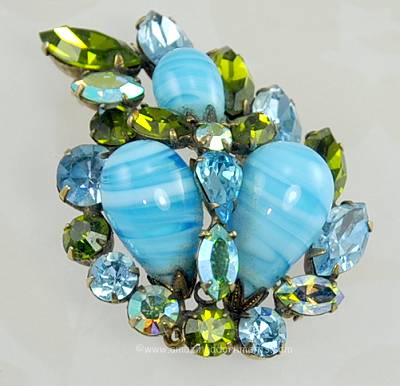 Gorgeous Vintage Art Glass and Rhinestone Foliate Brooch Signed REGENCY