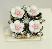 Endearing Vintage Finger Ring with Porcelain Flowers and Rhinestones