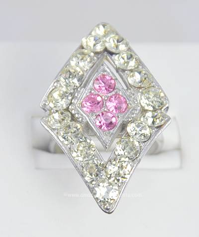 Vintage Art Deco Look Pink and Clear Rhinestone Finger Ring Signed SARAH COVENTRY