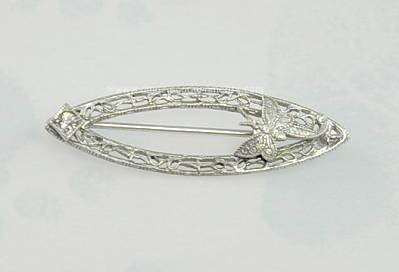 Airy Vintage Sterling Silver Filigree Bar Pin with Butterfly and Clear Rhinestone