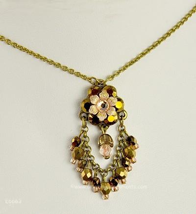 Romantic Bronze and Amber Swarovski Crystal Necklace Signed MICHAL NEGRIN
