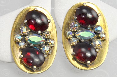 Exceptional Signed SCHIAPARELLI Red Glass and AB Rhinestone Earrings ~ BOOK PIECE