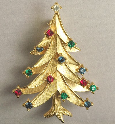 TRIFARI Tiered Christmas Tree Pin with Rhinestones ~  BOOK PIECE