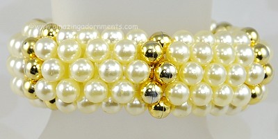 Shimmery Wide Faux Pearl and gold- tone Metal Stretch Bracelet