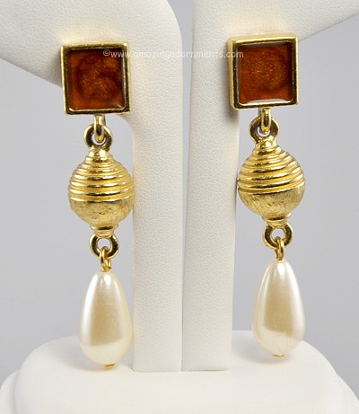 Opulent Large Faux Pearl Drop Dangle Earrings with Imitation Amber Signed RICHELIEU