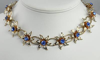 Superb Vintage Enamel and Rhinestone Floral Necklace Signed HALBE