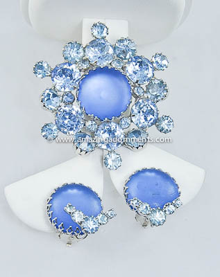 Vintage Blue Glass and Rhinestone Demi-parure Signed CONTINENTAL