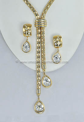 Sassy Lariat Necklace and Earrings with Huge Clear Rhinestones Signed GIVENCHY