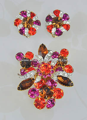 Vintage Jewel Tone Rhinestone Brooch and Earring Demi-parure with Icing