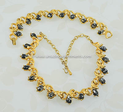 Vintage Signed JUDY LEE Necklace and Bracelet Set with Black Flecked Stones