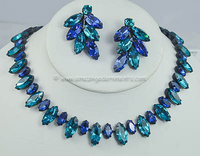 Vintage Signed REGENCY Shades of Blue Rhinestone Necklace and Earring Set