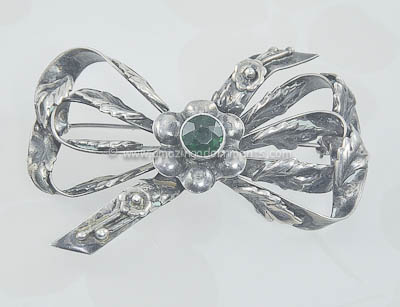 1940s Vintage Signed HOBE Sterling and Emerald Rhinestone Bow Brooch
