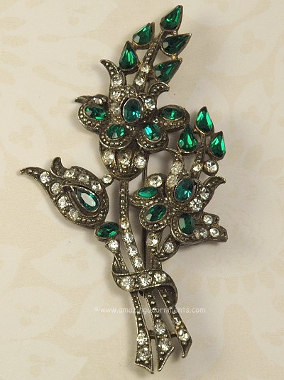 Incredible Vintage Emerald Green and Crystal Rhinestone Floral Brooch Signed STARET