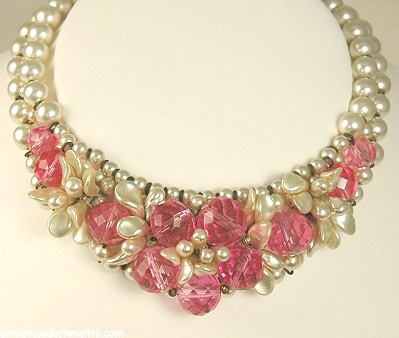 Staggeringly Beautiful ROUSSELET Faceted Pink Crystal and Faux Pearl Necklace