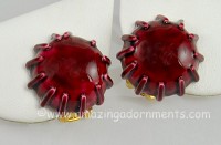 Vintage Signed SANDOR Cranberry Enamel Button Ear Clips